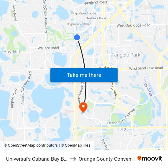 Universal's Cabana Bay Beach Resort to Orange County Convention Center map