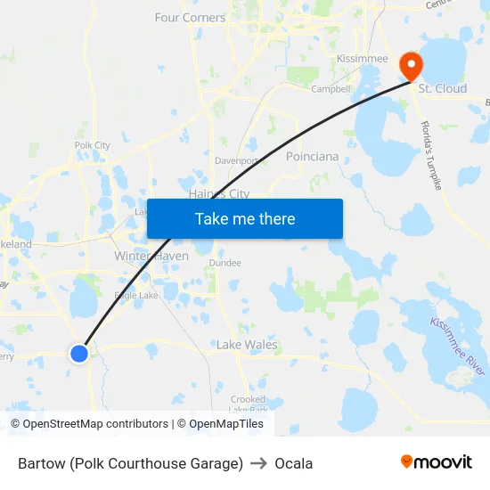 Bartow (Polk Courthouse Garage) to Ocala map