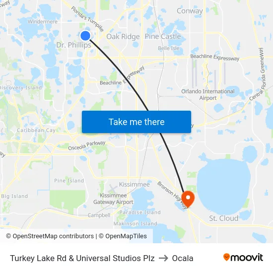 Turkey Lake Rd & Universal Studios Plz to Ocala map