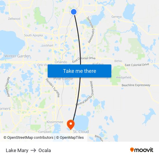 Lake Mary to Ocala map