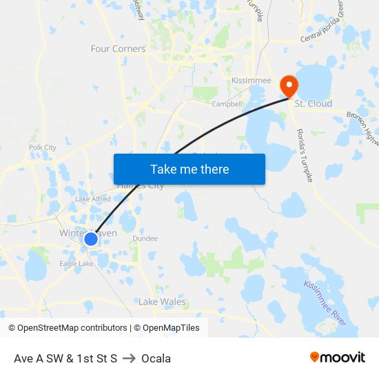 Ave A SW & 1st St S to Ocala map