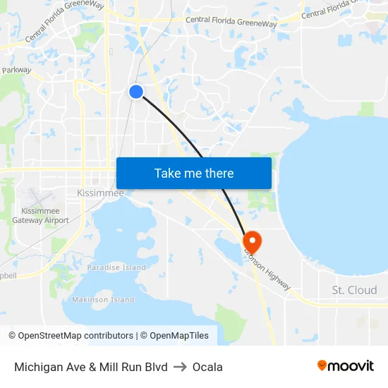 Michigan Ave & Mill Run Blvd to Ocala map