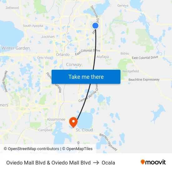 Oviedo Mall Blvd & Oviedo Mall Blvd to Ocala map