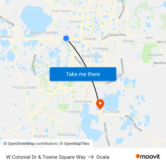 W Colonial Dr & Towne Square Way to Ocala map