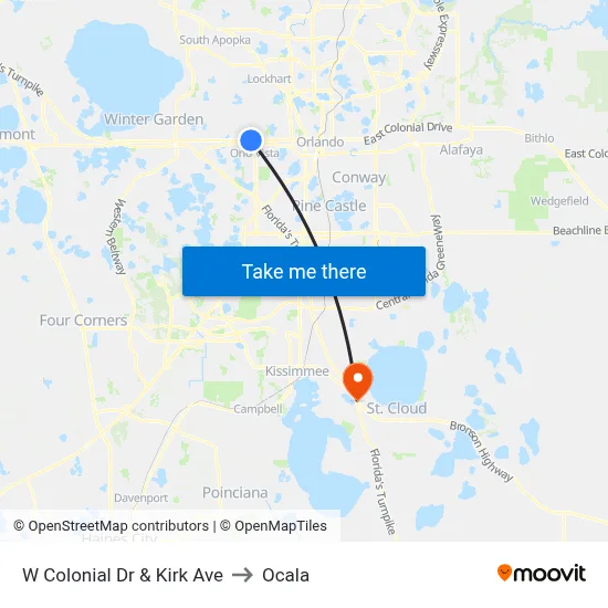 W Colonial Dr & Kirk Ave to Ocala map