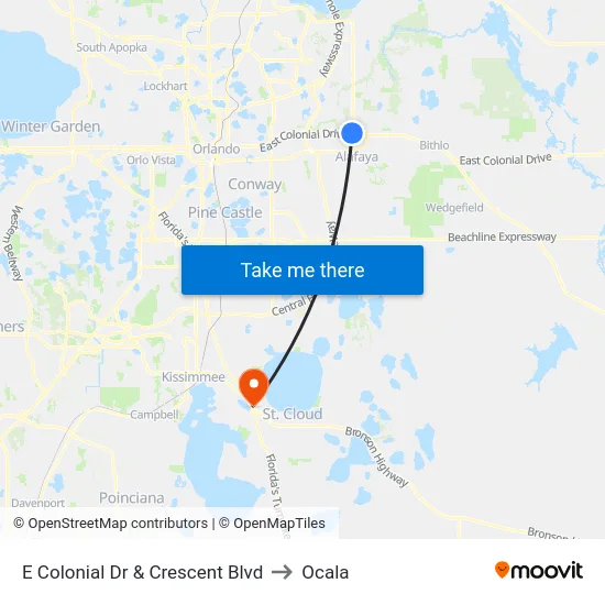 E Colonial Dr & Crescent Blvd to Ocala map