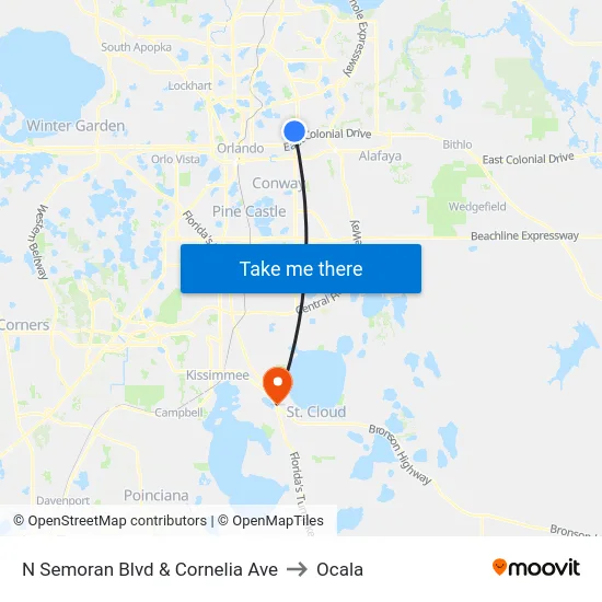 N Semoran Blvd & Cornelia Ave to Ocala map