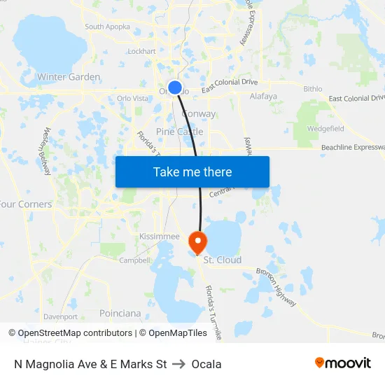 N Magnolia Ave & E Marks St to Ocala map