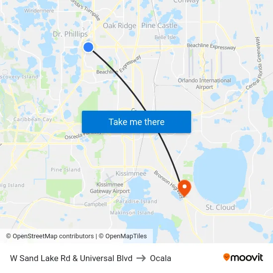 W Sand Lake Rd & Universal Blvd to Ocala map