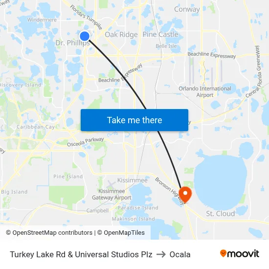 Turkey Lake Rd & Universal Studios Plz to Ocala map
