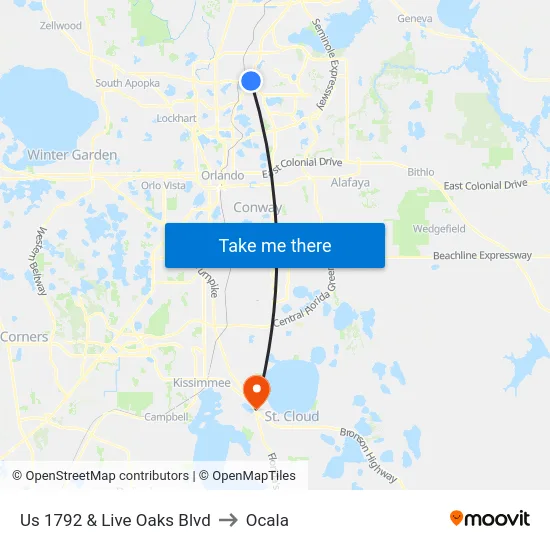 Us 1792  & Live Oaks Blvd to Ocala map
