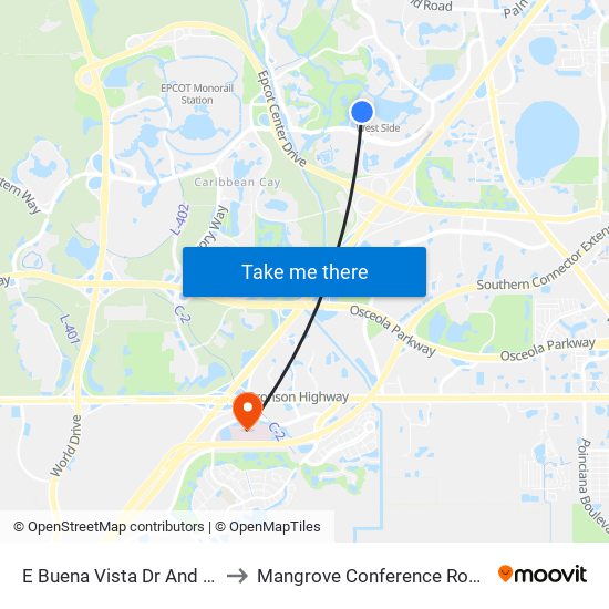 E Buena Vista Dr And Bonnet Creek Pky to Mangrove Conference Room @ FH Celebration map