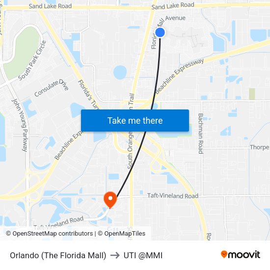 Orlando (The Florida Mall) to UTI @MMI map