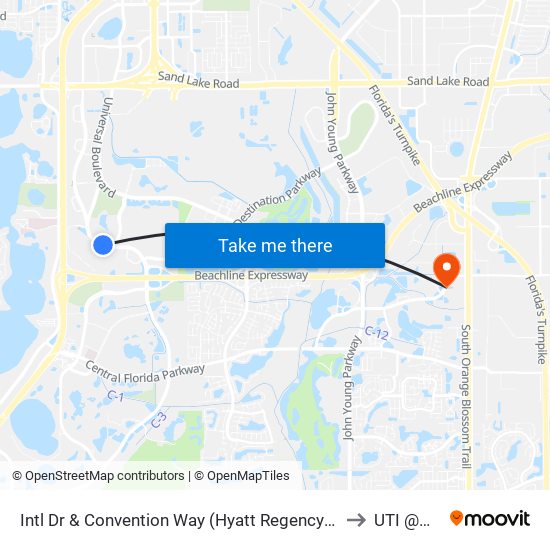 Intl Dr & Convention Way (Hyatt Regency Orlando) to UTI @MMI map