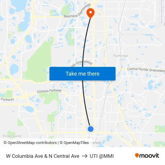W Columbia Ave & N Central Ave to UTI @MMI map