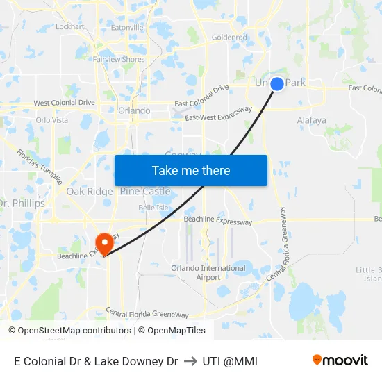 E Colonial Dr & Lake Downey Dr to UTI @MMI map