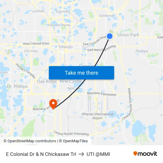 E Colonial Dr & N Chickasaw Trl to UTI @MMI map