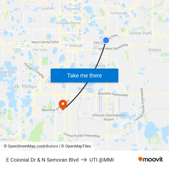 E Colonial Dr & N Semoran Blvd to UTI @MMI map