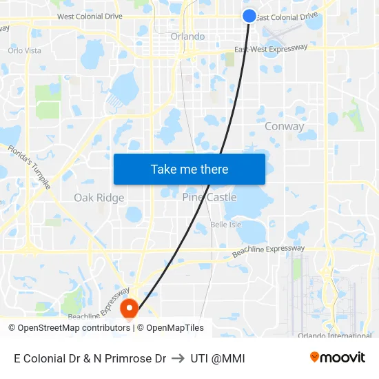 E Colonial Dr & N Primrose Dr to UTI @MMI map