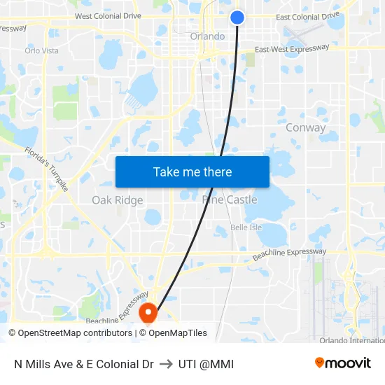 N Mills Ave & E Colonial Dr to UTI @MMI map