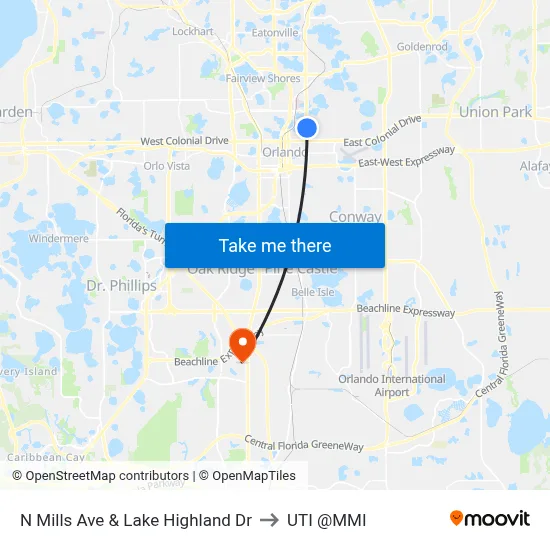 N Mills Ave & Lake Highland Dr to UTI @MMI map