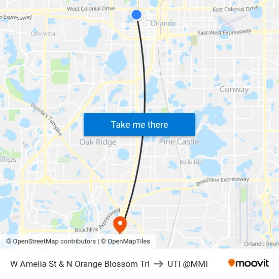 W Amelia St & N Orange Blossom Trl to UTI @MMI map