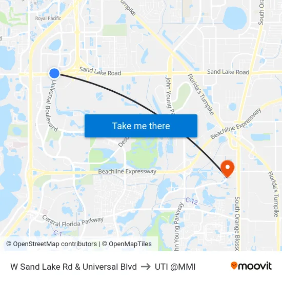 W Sand Lake Rd & Universal Blvd to UTI @MMI map