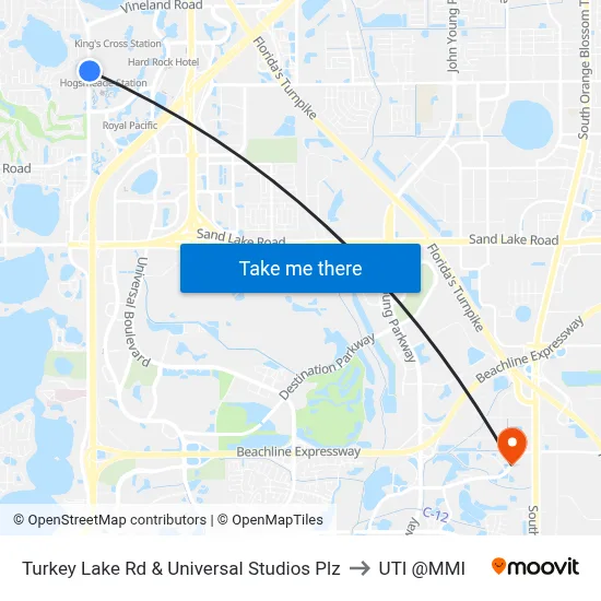 Turkey Lake Rd & Universal Studios Plz to UTI @MMI map