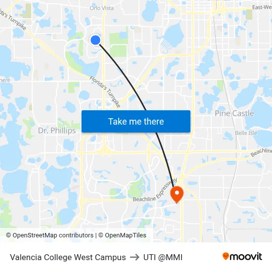 Valencia College West Campus to UTI @MMI map