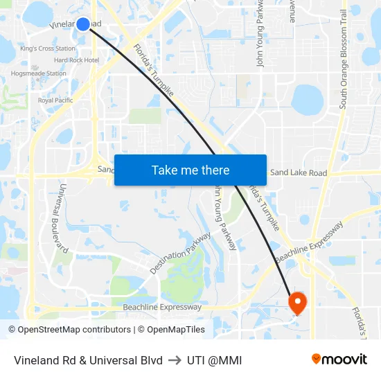 Vineland Rd & Universal Blvd to UTI @MMI map