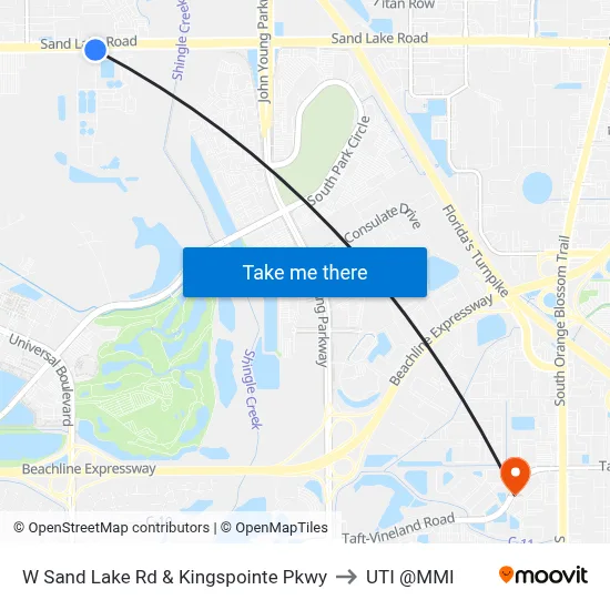 W Sand Lake Rd & Kingspointe Pkwy to UTI @MMI map
