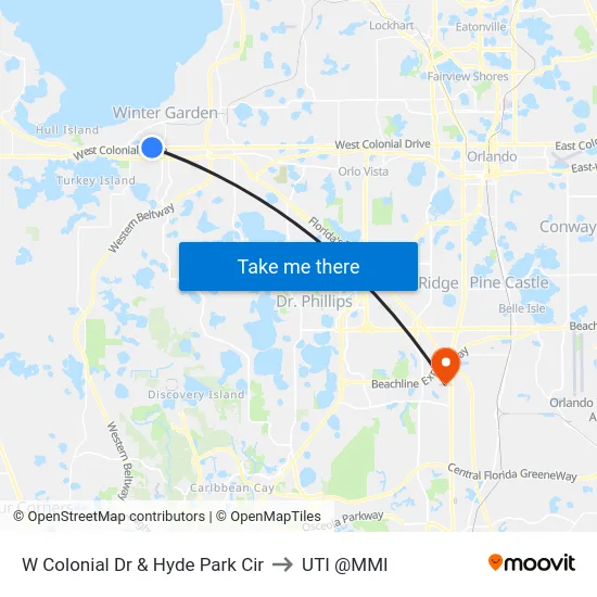W Colonial Dr & Hyde Park Cir to UTI @MMI map
