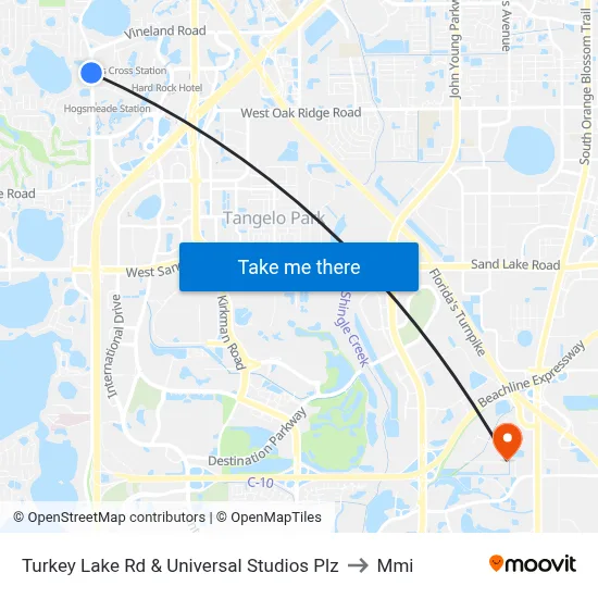 Turkey Lake Rd & Universal Studios Plz to Mmi map