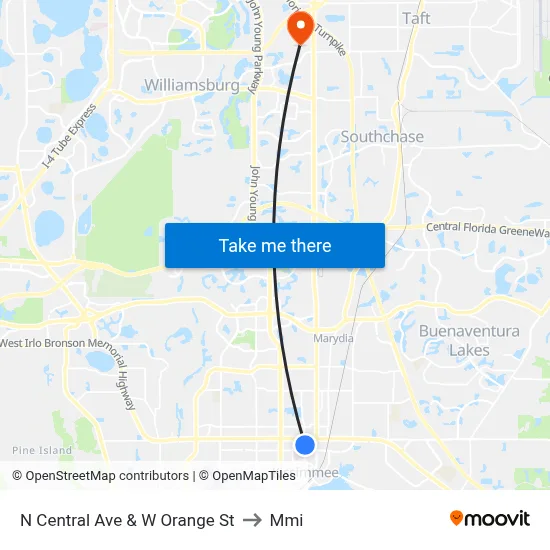 N Central Ave & W Orange St to Mmi map