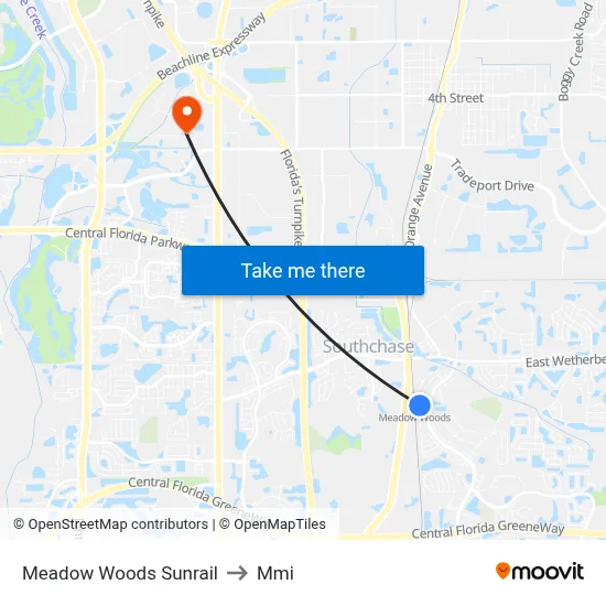 Meadow Woods Sunrail to Mmi map