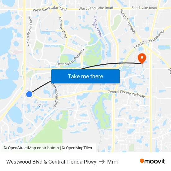 Westwood Blvd & Central Florida Pkwy to Mmi map