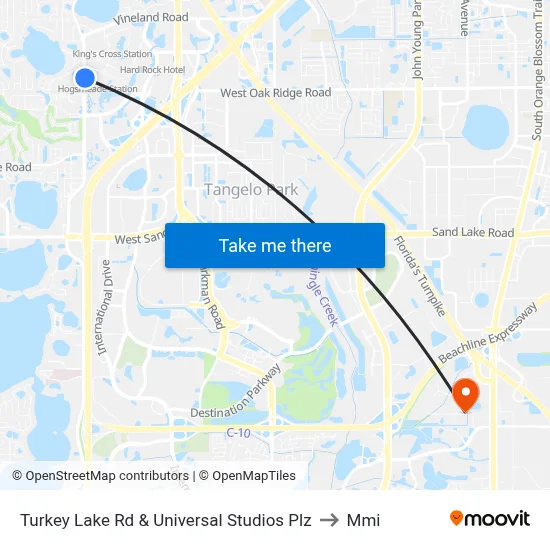 Turkey Lake Rd & Universal Studios Plz to Mmi map