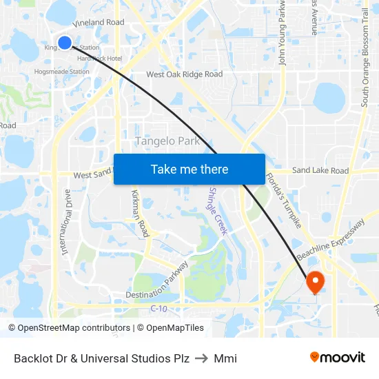 Backlot Dr & Universal Studios Plz to Mmi map