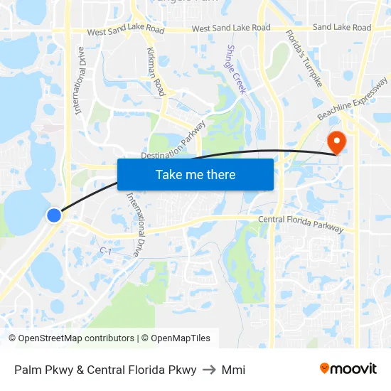 Palm Pkwy & Central Florida Pkwy to Mmi map
