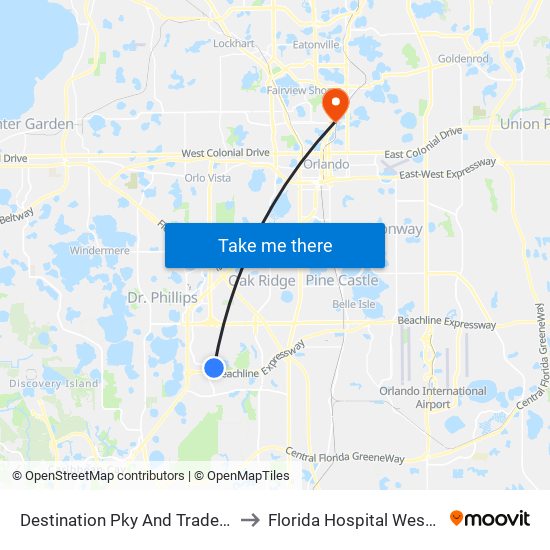 Destination Pky And Tradeshow Blvd to Florida Hospital West - Rollins map