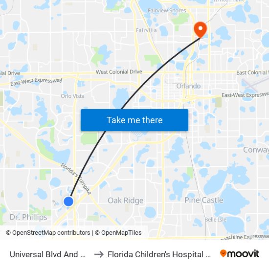 Universal Blvd And Hollywood Way to Florida Children's Hospital Walt Disney Pavilion map