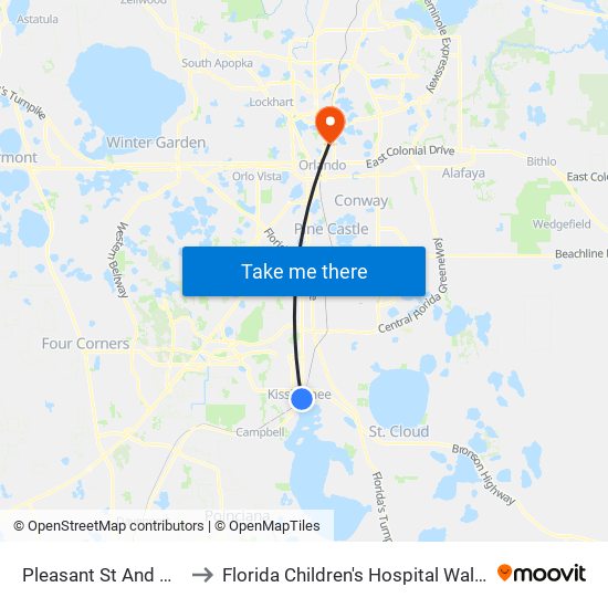 Pleasant  St And Neptune  Rd to Florida Children's Hospital Walt Disney Pavilion map