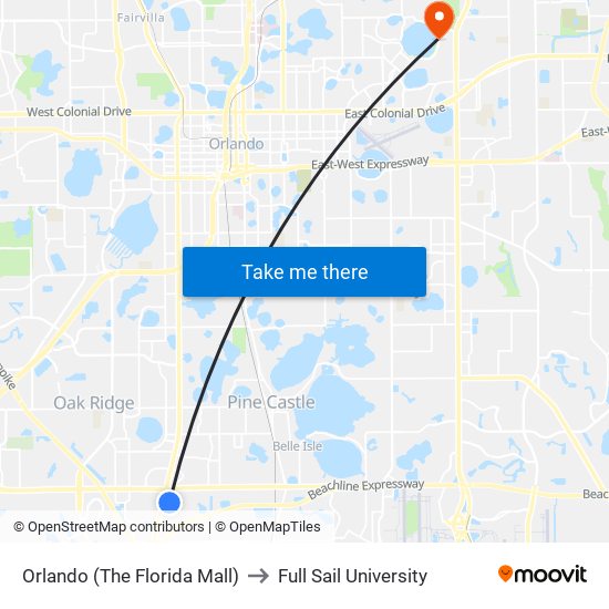 Orlando (The Florida Mall) to Full Sail University map
