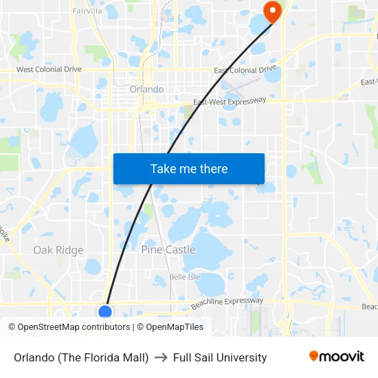 Orlando (The Florida Mall) to Full Sail University map