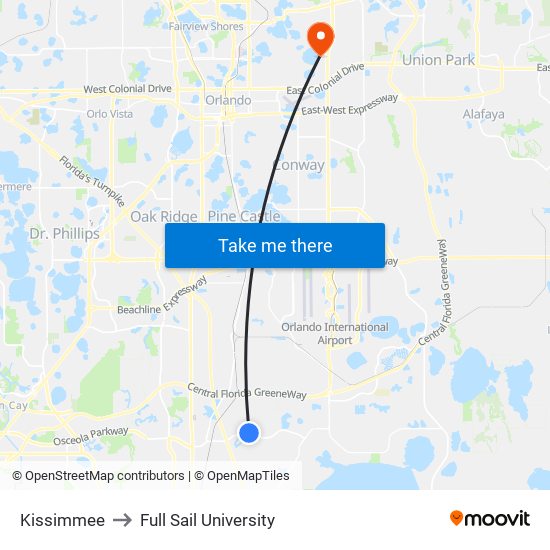 Kissimmee to Full Sail University map