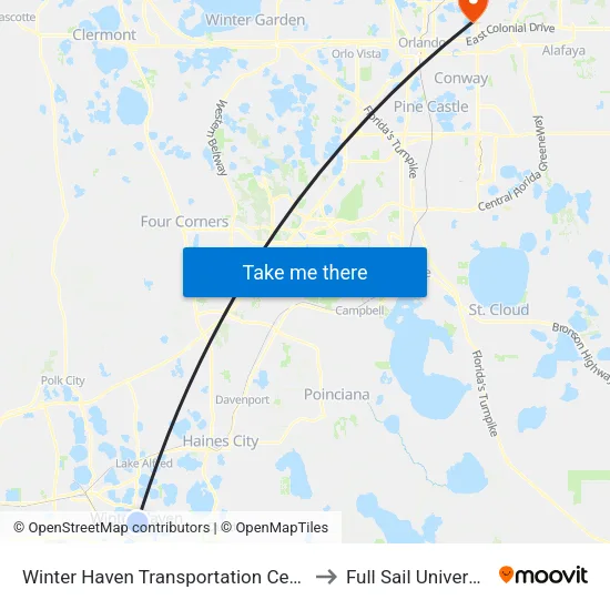 Winter Haven Transportation Center to Full Sail University map