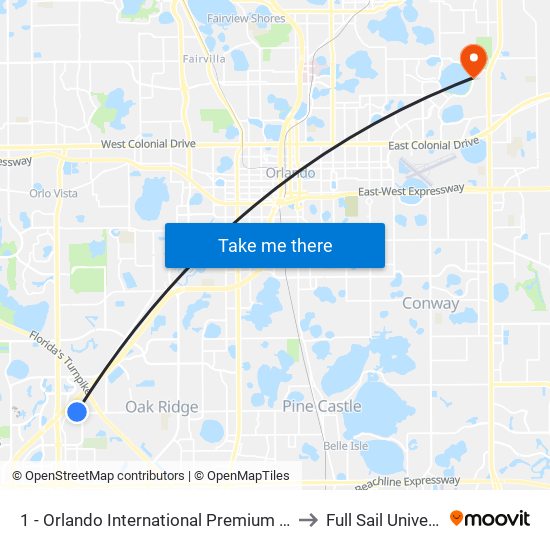 1 - Orlando International Premium Outlets to Full Sail University map