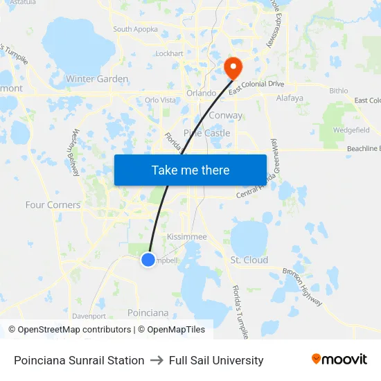 Poinciana Sunrail Station to Full Sail University map