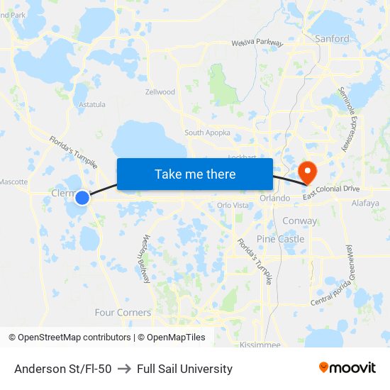 Anderson St/Fl-50 to Full Sail University map