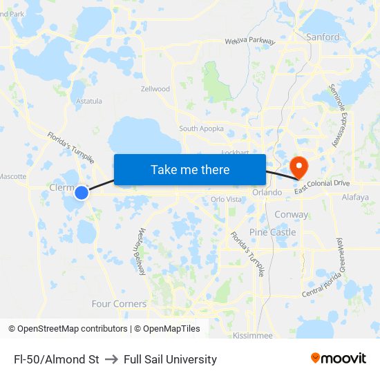Fl-50/Almond St to Full Sail University map